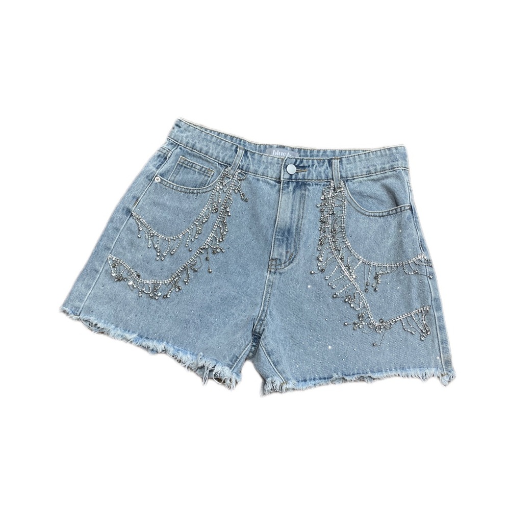 Buckle Blue. Never worn. Size L Jean shorts with intact rhinestones.